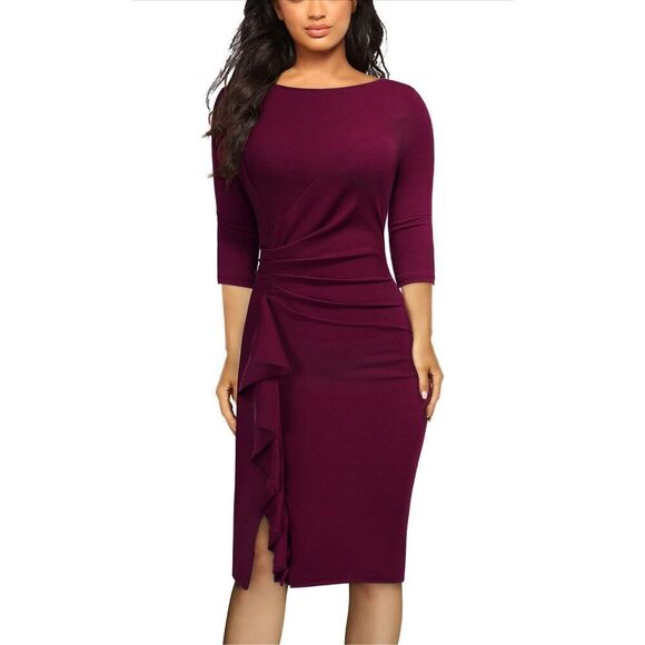 yajedo Dresses & Skirts - NEW 3/4 Sleeve Bodycon Ruffle Vintage Career Midi Pencil Dress L